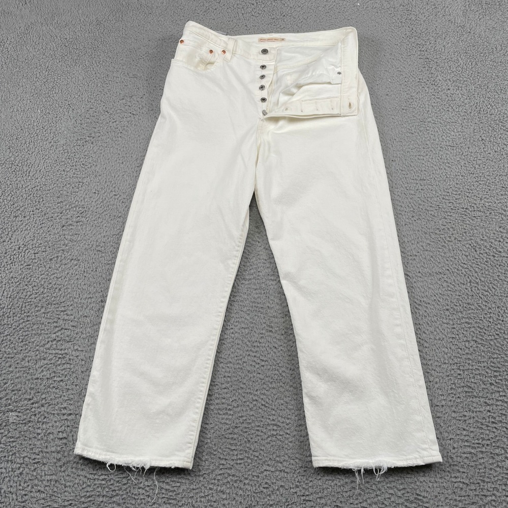 Levi's Jeans Womens 32 White Ribcage Straight Ankle High Rise Raw Hem Button Fly